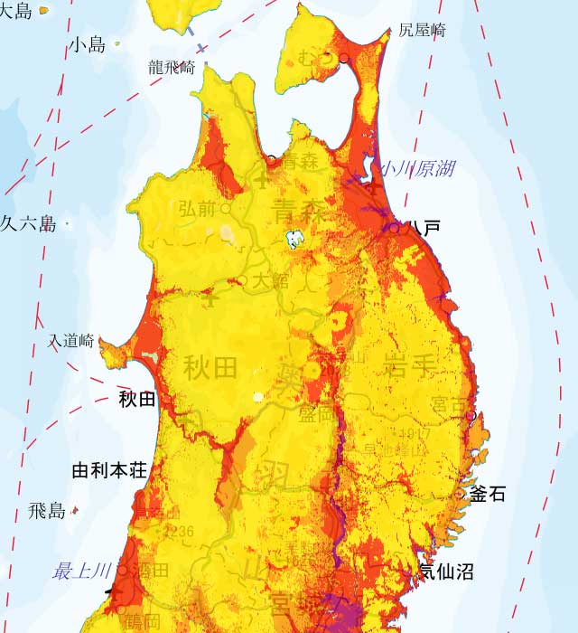 東北［北部］の地震発生確率（地図）