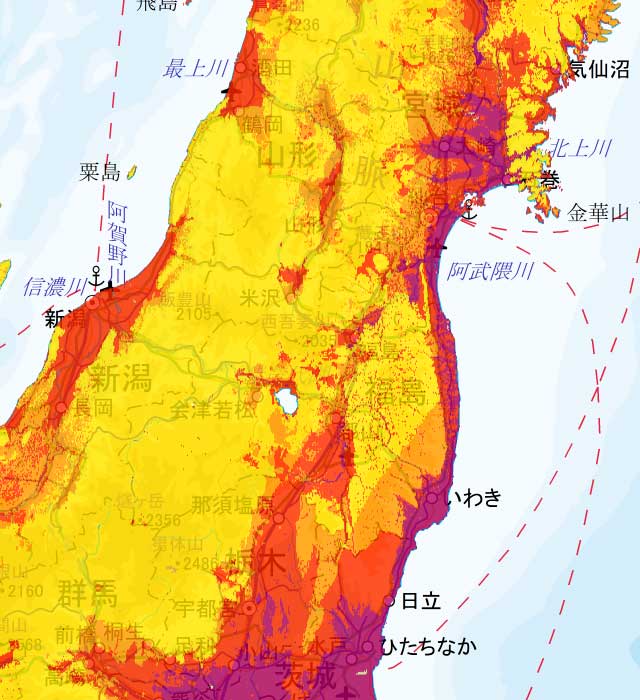 東北［南部］の地震発生確率（地図）
