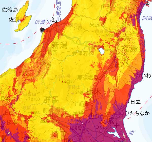甲信地方の地震発生確率（地図）