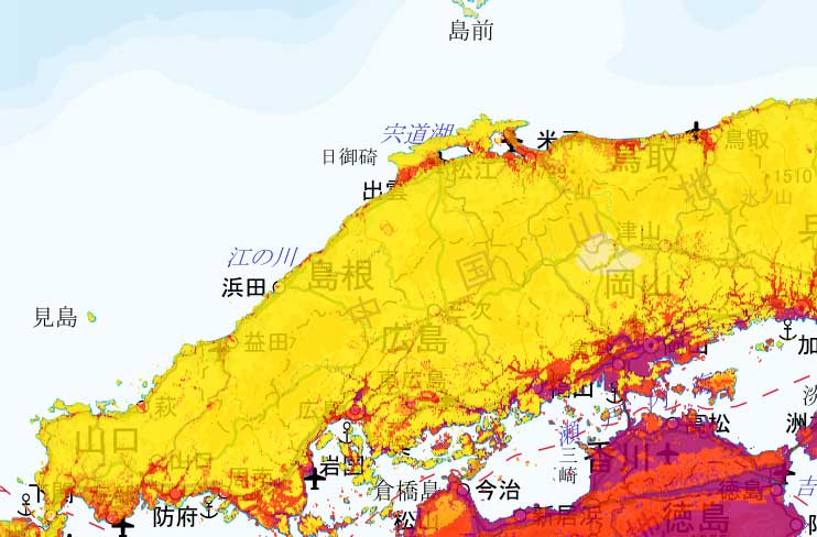 中国地方の地震発生確率（地図）