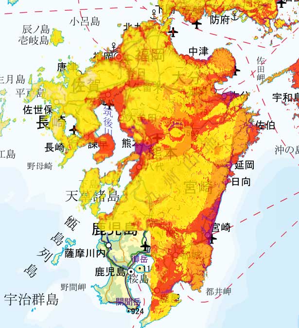 九州地方の地震発生確率（地図）