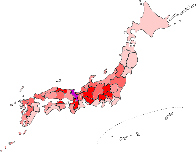2020年～2023年の猛暑日の合計日数を都道府県ごとに色分けした全国地図