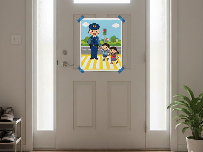 玄関ドアの内側に交通安全ポスターが貼られている写真です。